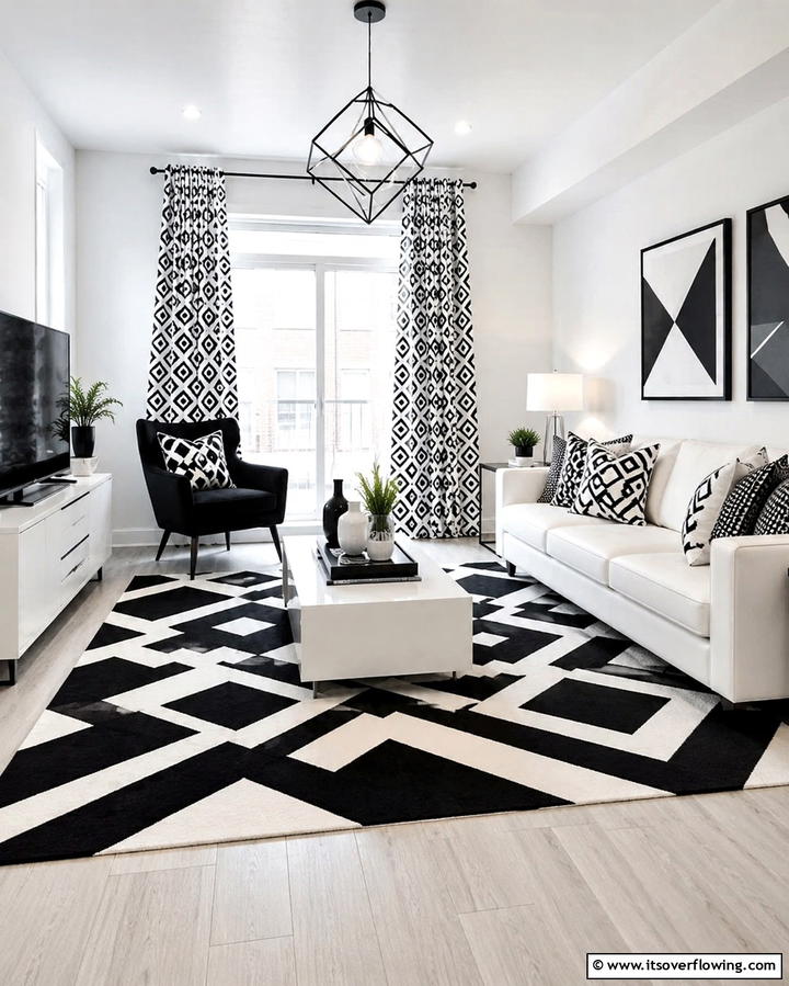 Black and White Geometric Patterns - 25 Black and White Living Room Ideas for a Classic Look