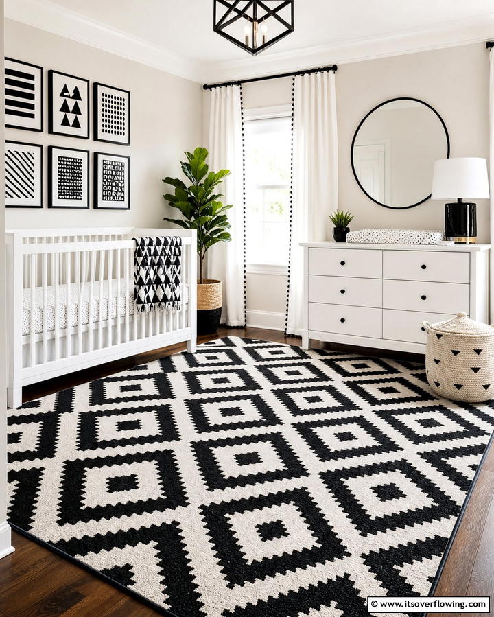 Black and White Geometric Rug - 25 Black Nursery Ideas for Modern Baby Rooms