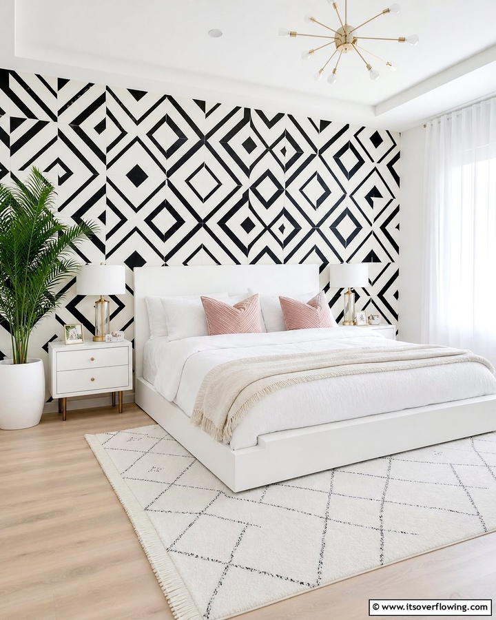 Black and White Geometric Wallpaper - 20 Feminine Black and White Bedroom Ideas for Elegance