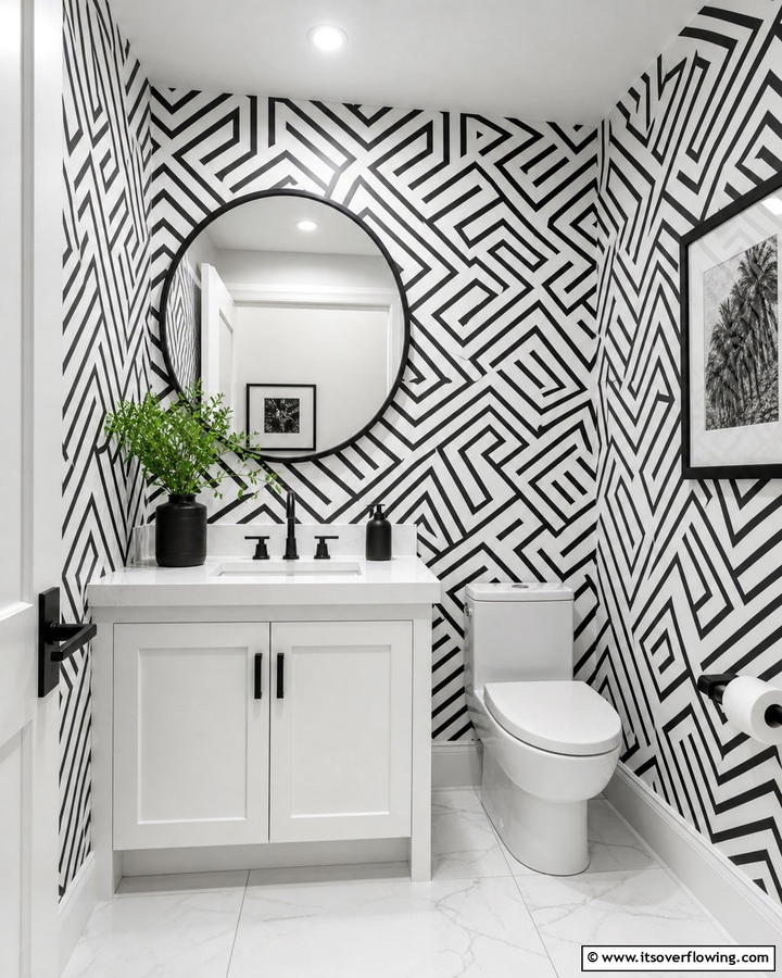Black and White Geometric Wallpaper - 20 Black and White Powder Room Ideas for a Classic Style