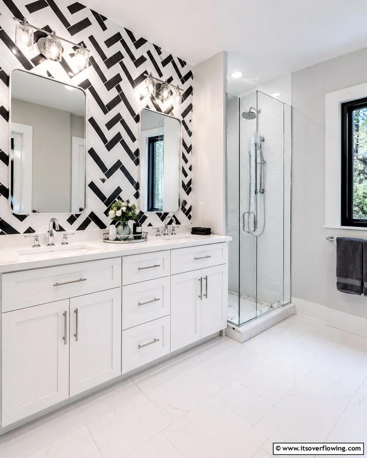 Black and White Herringbone Wall Tiles - 30 Striking Black & White Bathroom Tile Designs for Timeless Style