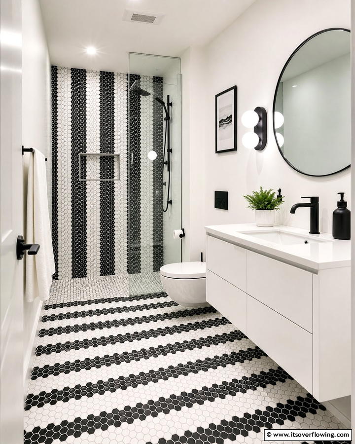Black and White Hexagon Tile Contrast - 20 Hexagon Tiles Ideas for Bathrooms with Style