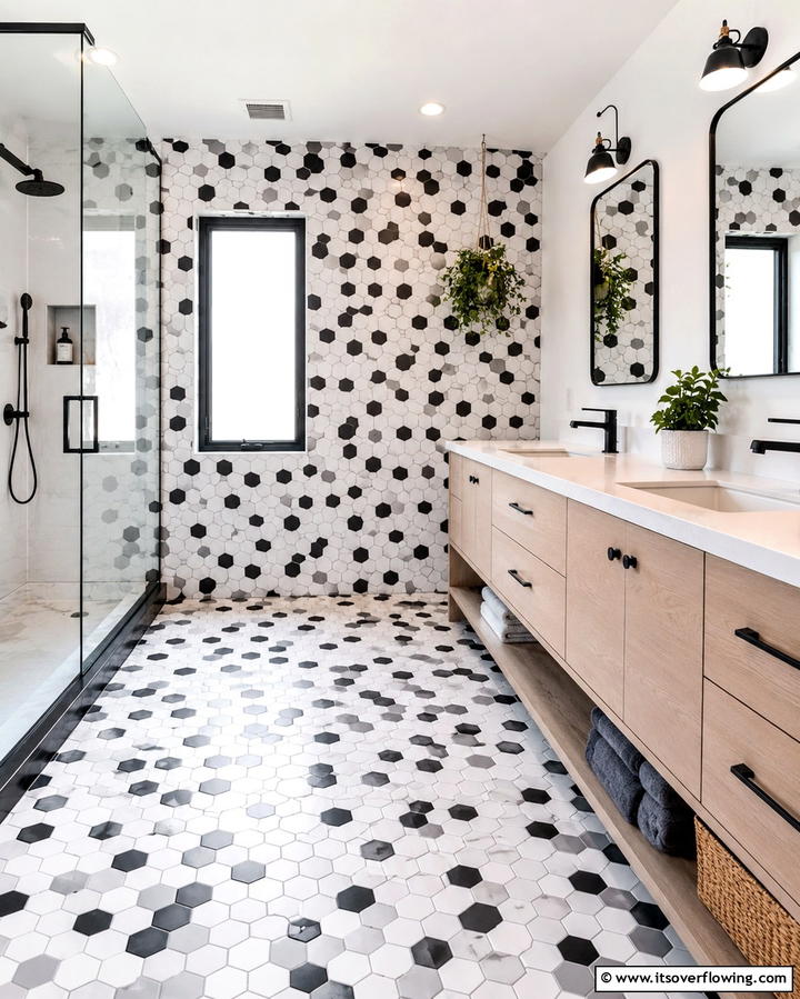 Black and White Hexagon Tiles - 30 Striking Black & White Bathroom Tile Designs for Timeless Style