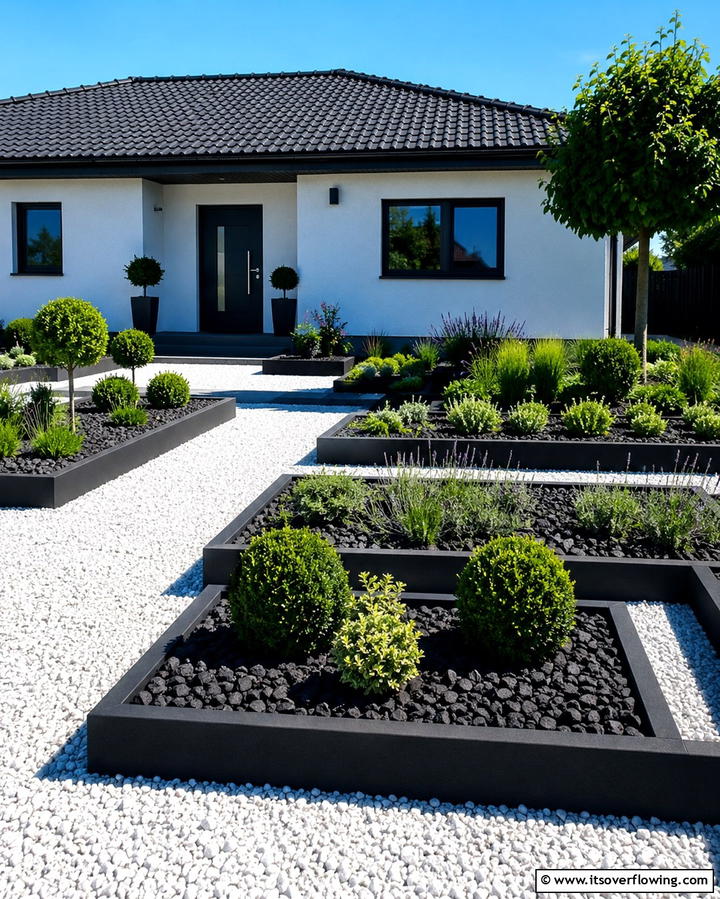 Black and White Landscaping Features - 30 Single-Story White House Black Trim Exterior Inspirations