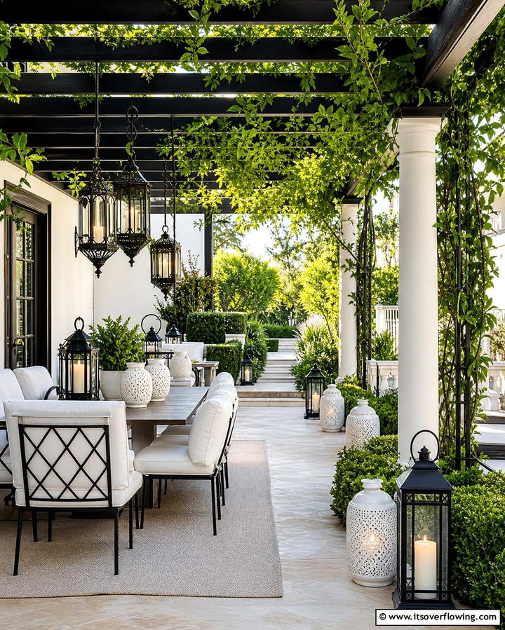 Black and White Lanterns - 25 Black and White Patio Ideas for a Timeless Look