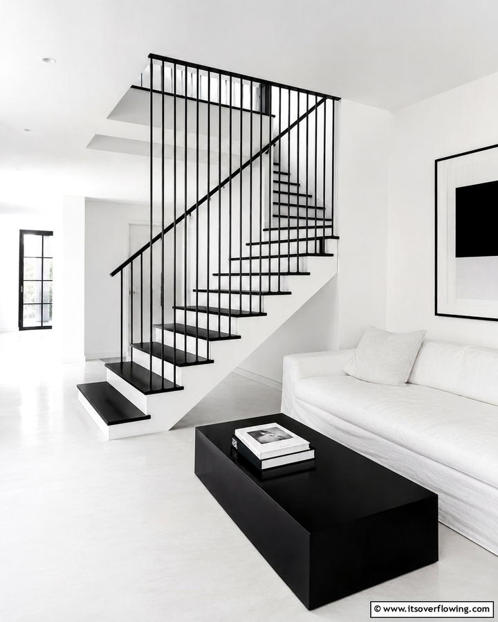 Black and White Minimalist Staircases - 30 Open Staircase Ideas to Elevate Your Home Organization