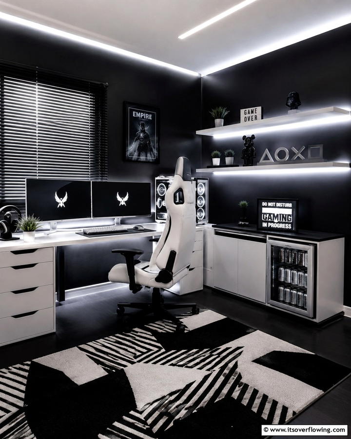 Black and White Monochrome Gaming Room - 25 Sleek Black Gaming Room Ideas for Gamers