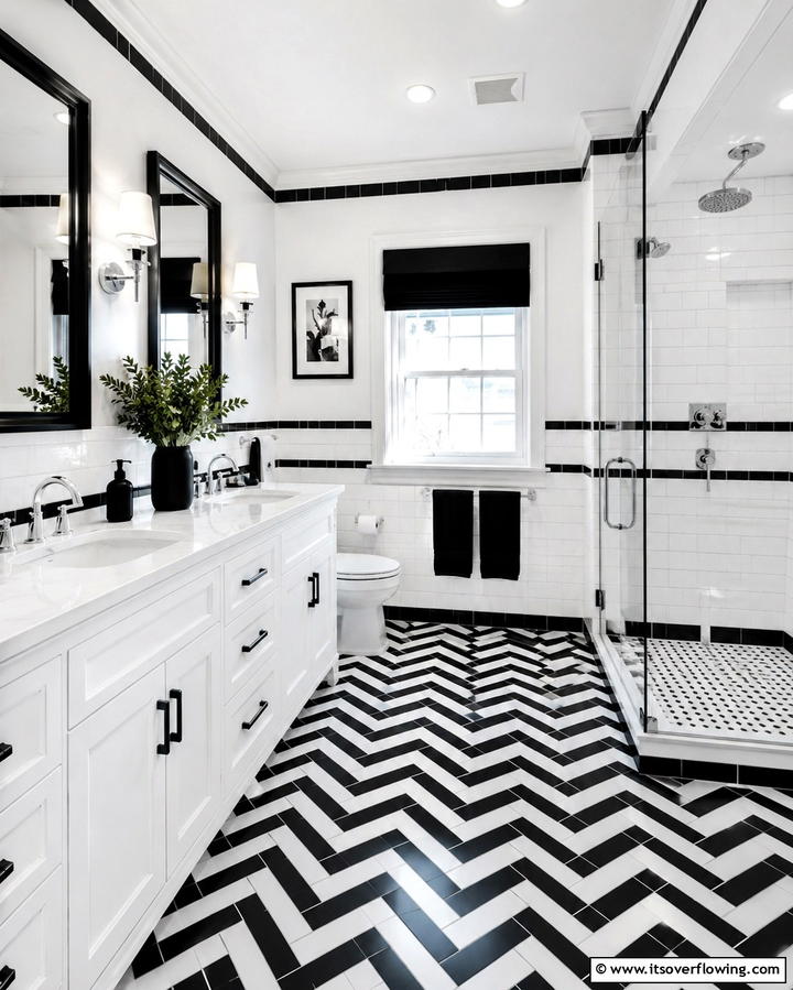 Black and White Monochrome Patterns - 25 Black Bathroom Ideas to Elevate Your Space