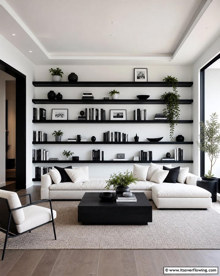 Black and White Open Shelving - 25 Black and White Living Room Ideas for a Classic Look