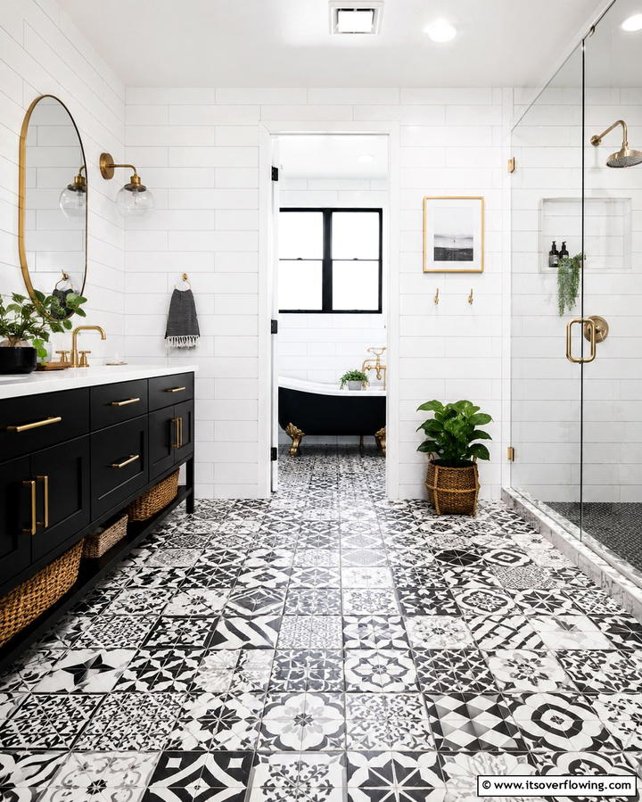 Black and White Patchwork Tiles - 30 Striking Black & White Bathroom Tile Designs for Timeless Style
