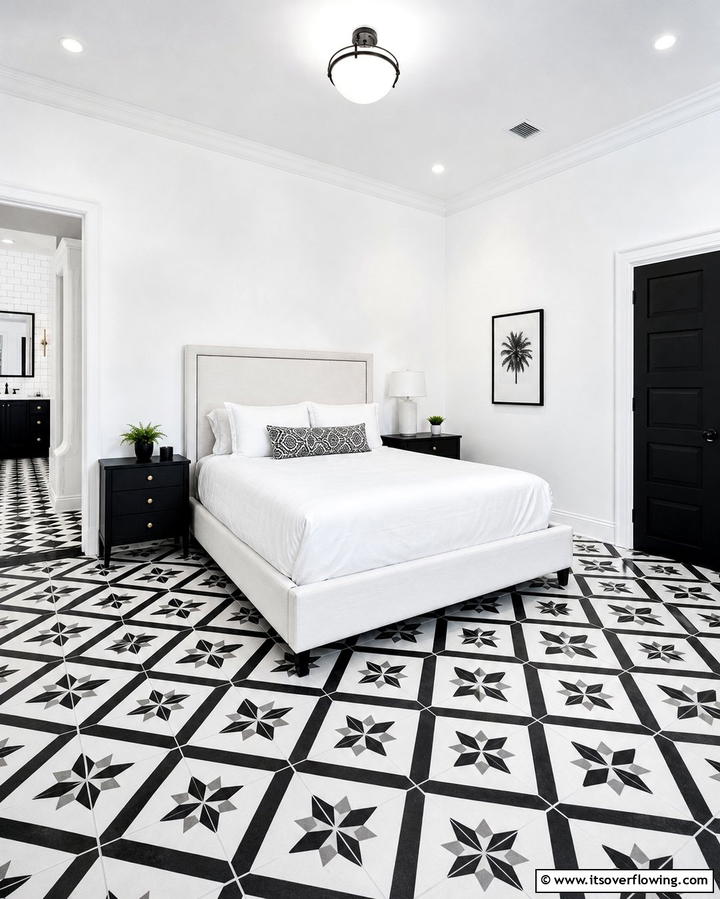 Black and White Patterned Floors for Contrast - 25 Black Floor Bedroom Ideas for a Bold and Modern Look