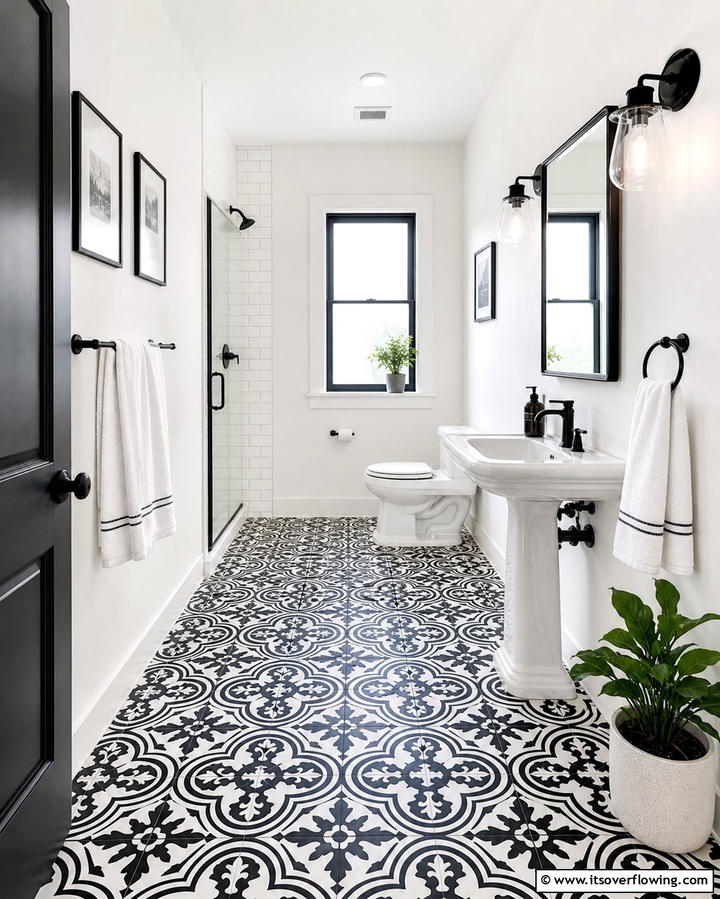 Black and White Patterned Tiles for Contrast - 25 Stylish Black Tile Bathroom Ideas