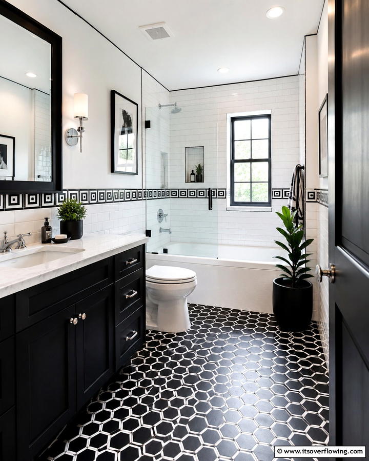 Black and White Patterns - 25 Black Bathroom Ideas to Elevate Your Space