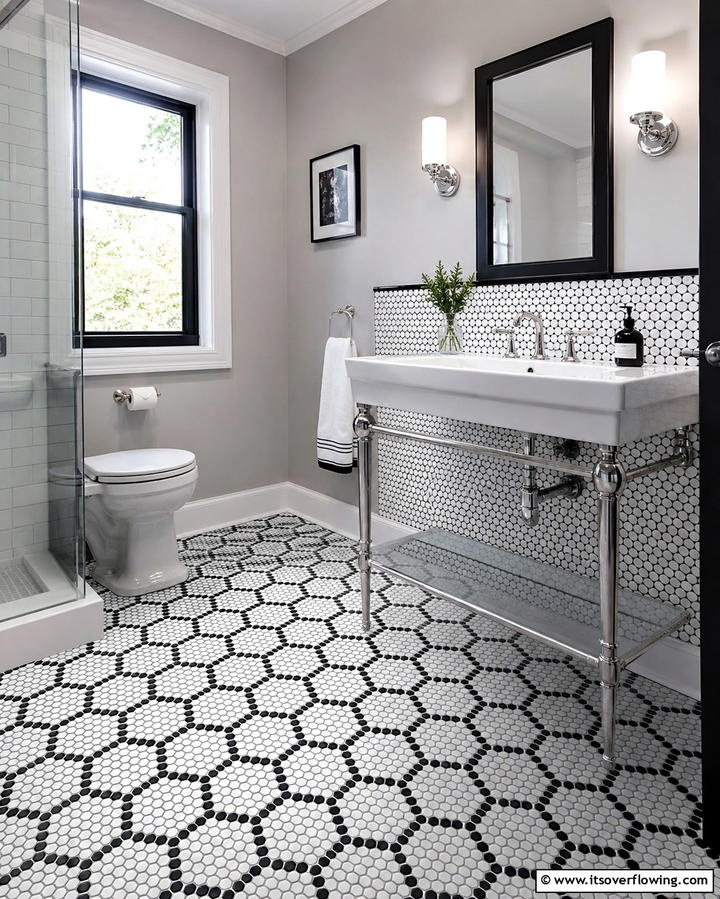 Black and White Penny Tiles - 30 Striking Black & White Bathroom Tile Designs for Timeless Style