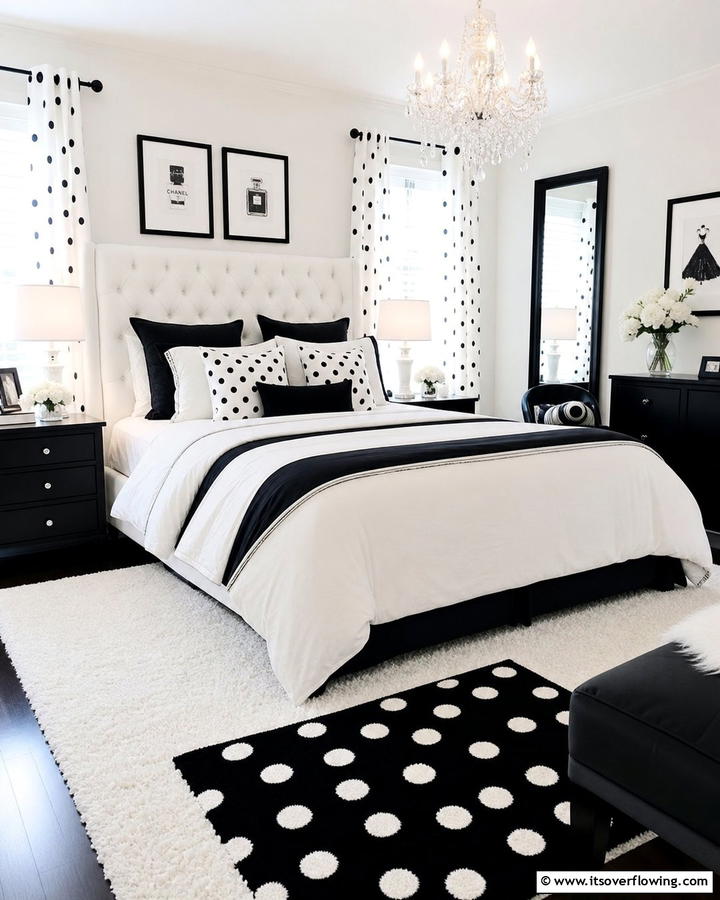 Black and White Polka Dot Accents - 20 Feminine Black and White Bedroom Ideas for Elegance