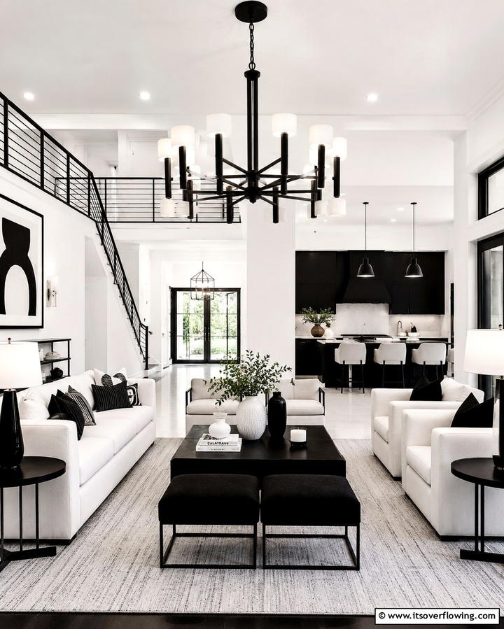 Black and White Striking Lighting Fixtures - 25 Black and White Living Room Ideas for a Classic Look