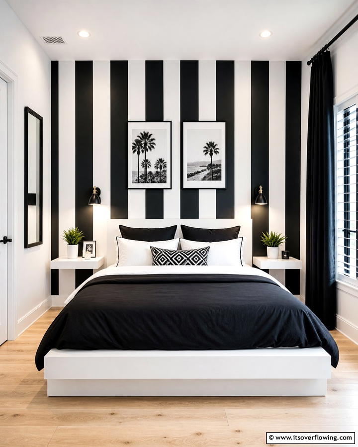 Black and White Striped Accent Wall - 25 Black Accent Wall Bedroom Ideas for Drama