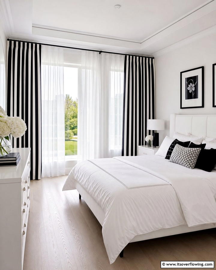 Black and White Striped Curtains - 20 Feminine Black and White Bedroom Ideas for Elegance