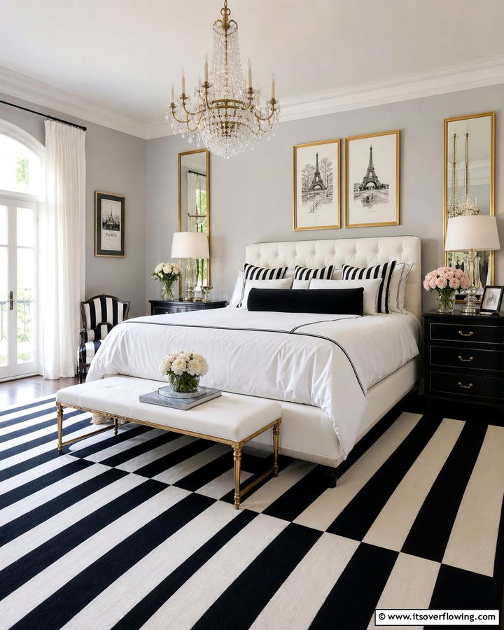 Black and White Striped Patterns - 20 Parisian Themed Bedroom Ideas for Elegant Living