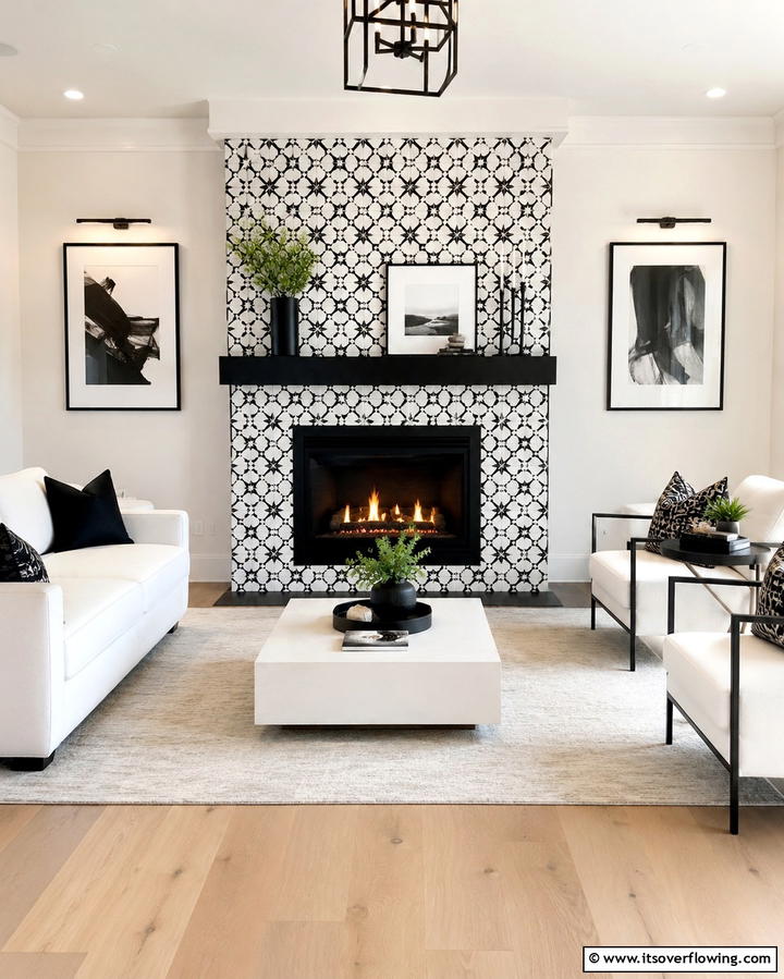Black and White Striped Surround - 25 Black and White Fireplace Ideas for Timeless Elegance