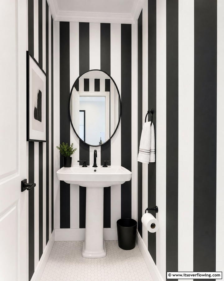 Black and White Striped Walls - 20 Black and White Powder Room Ideas for a Classic Style