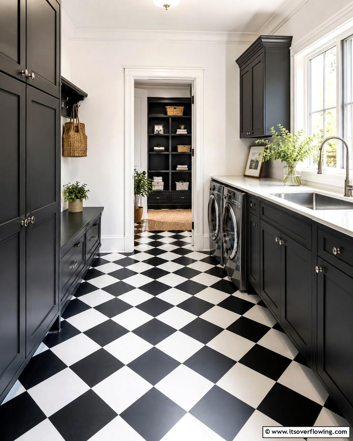 Black and White Tile Flooring for Contrast - 30 Stylish Black Laundry Room Ideas for a Modern Utility Space