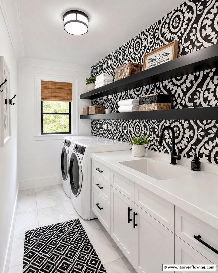 Black and White Wallpaper Accents - 20 Black and White Laundry Room Ideas for Style