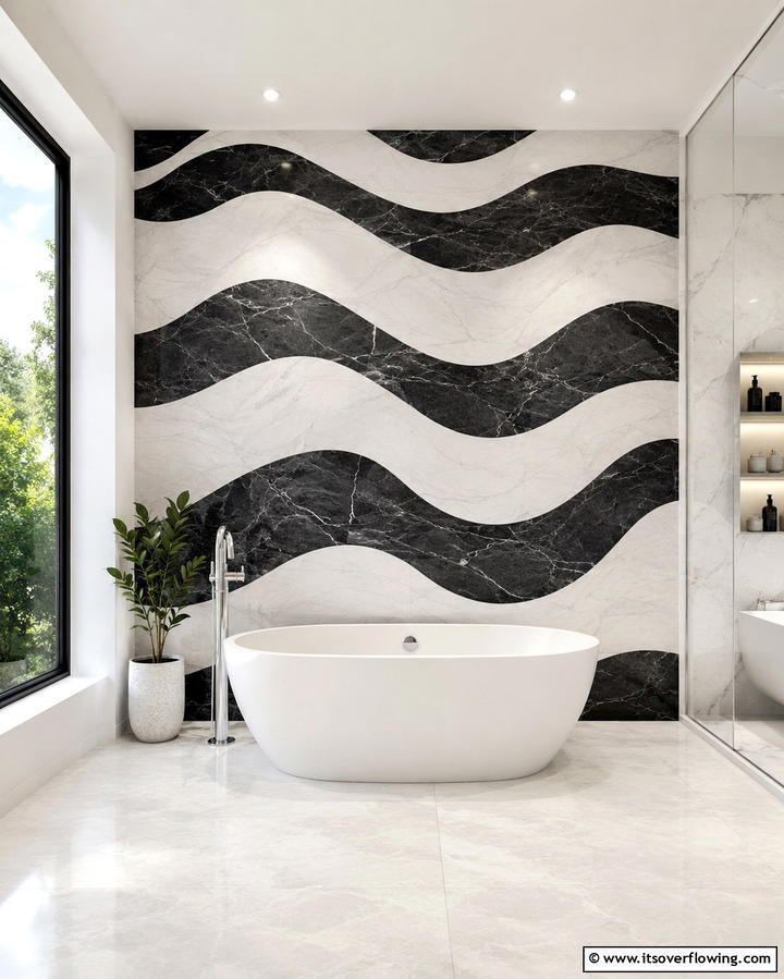 Black and White Wave Patterns - 30 Striking Black & White Bathroom Tile Designs for Timeless Style