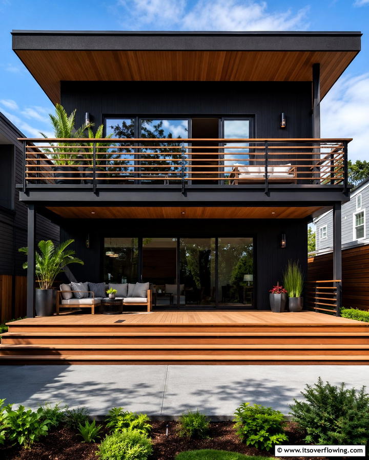 Black and Wood Balcony Design - 25 Black House With Wood Accents Ideas for a Bold Design