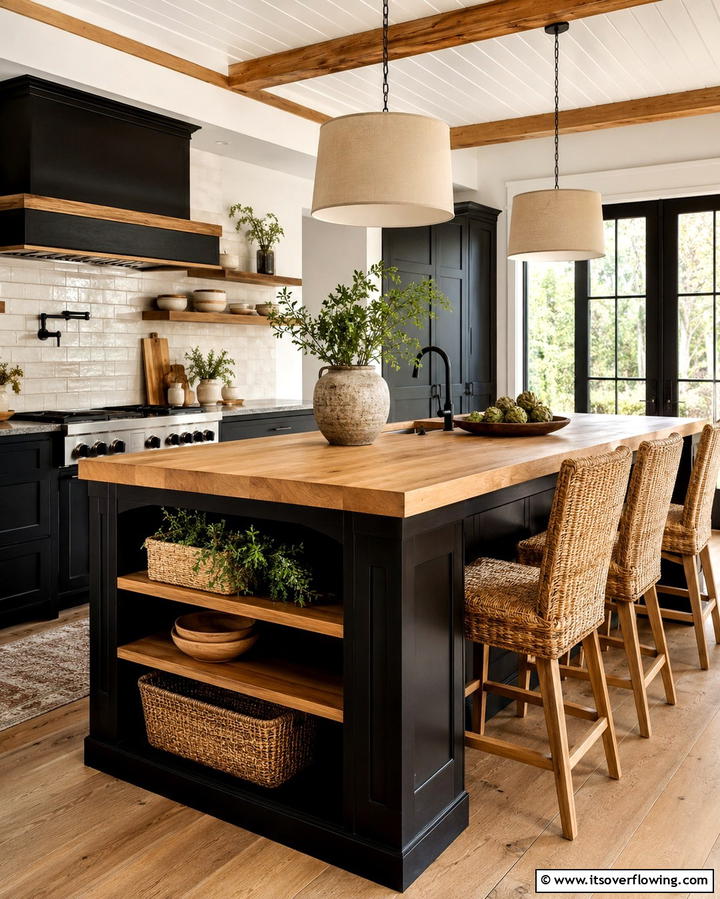 Black and Wood Combination for Warmth - 25 Sleek Black Kitchen Island Ideas for a Modern Kitchen