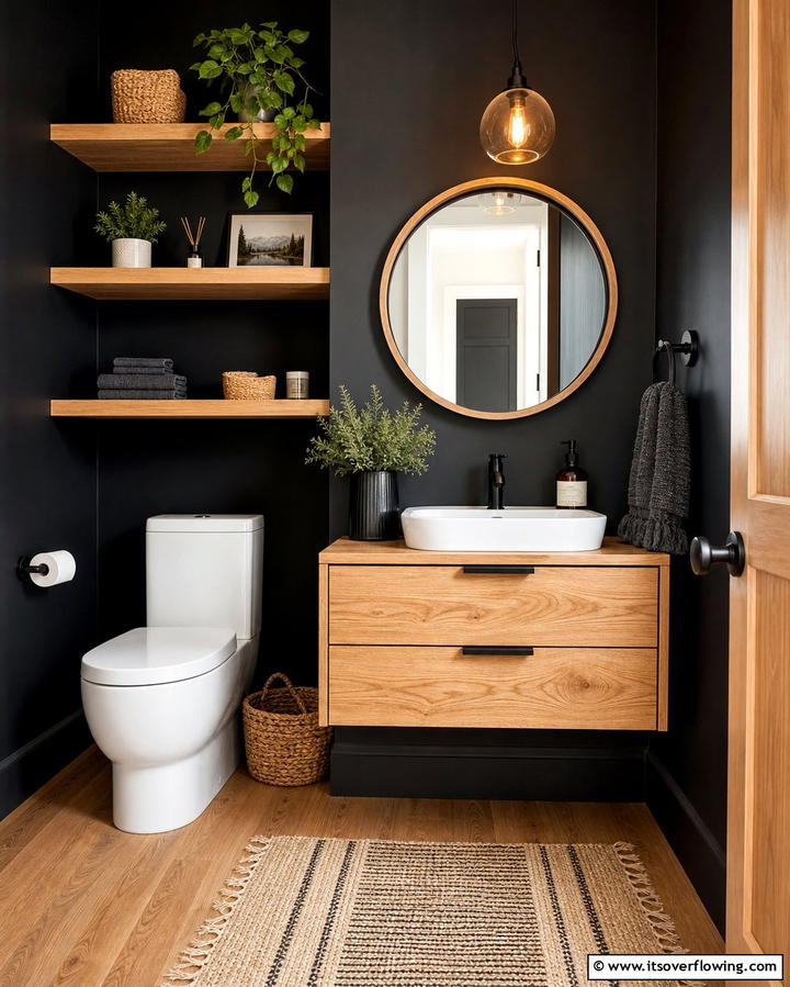Black and Wood Combination for Warmth - 25 Elegant Black Powder Room Ideas for a Bold Look