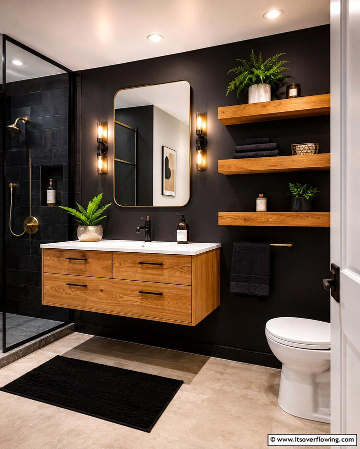 Black and Wood Combination - 25 Black Bathroom Ideas to Elevate Your Space