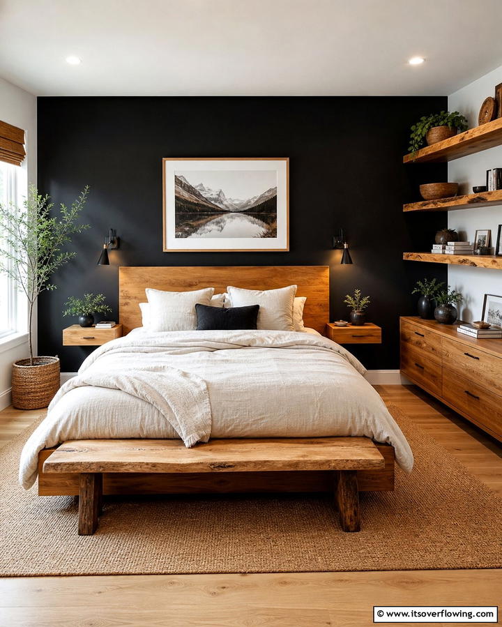 Black and Wood Contrast - 25 Black Accent Wall Bedroom Ideas for Drama