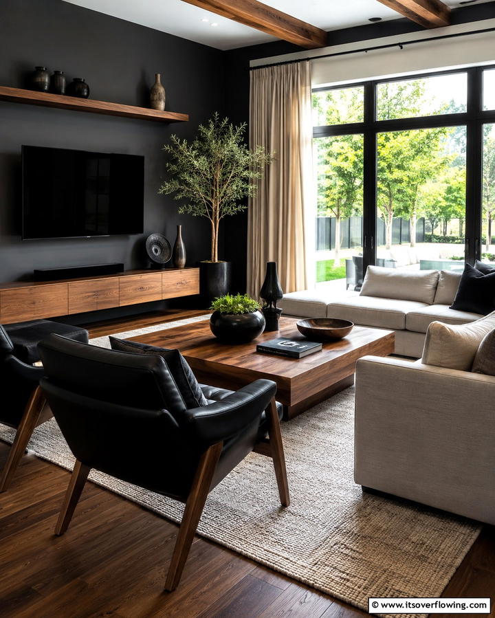 Black and Wood Elements - 30 Bold Black Living Room Designs for Dramatic Modern Spaces