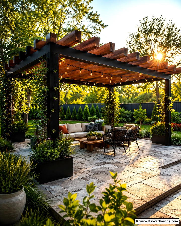 Black and Wood Pergola for Outdoor Spaces - 25 Black House With Wood Accents Ideas for a Bold Design