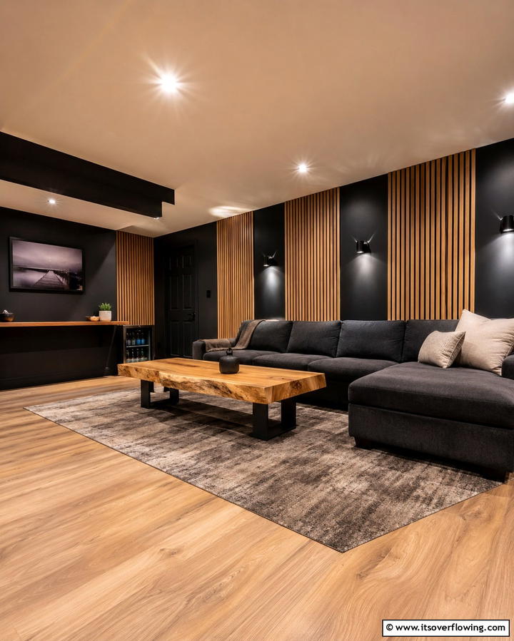 Black and Wooden Accents - 30 Black Basement Design Ideas for a Modern & Cozy Space