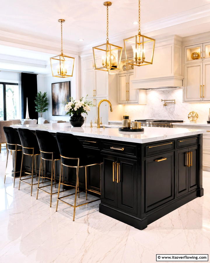 Black with Gold Hardware for Glamour - 25 Sleek Black Kitchen Island Ideas for a Modern Kitchen