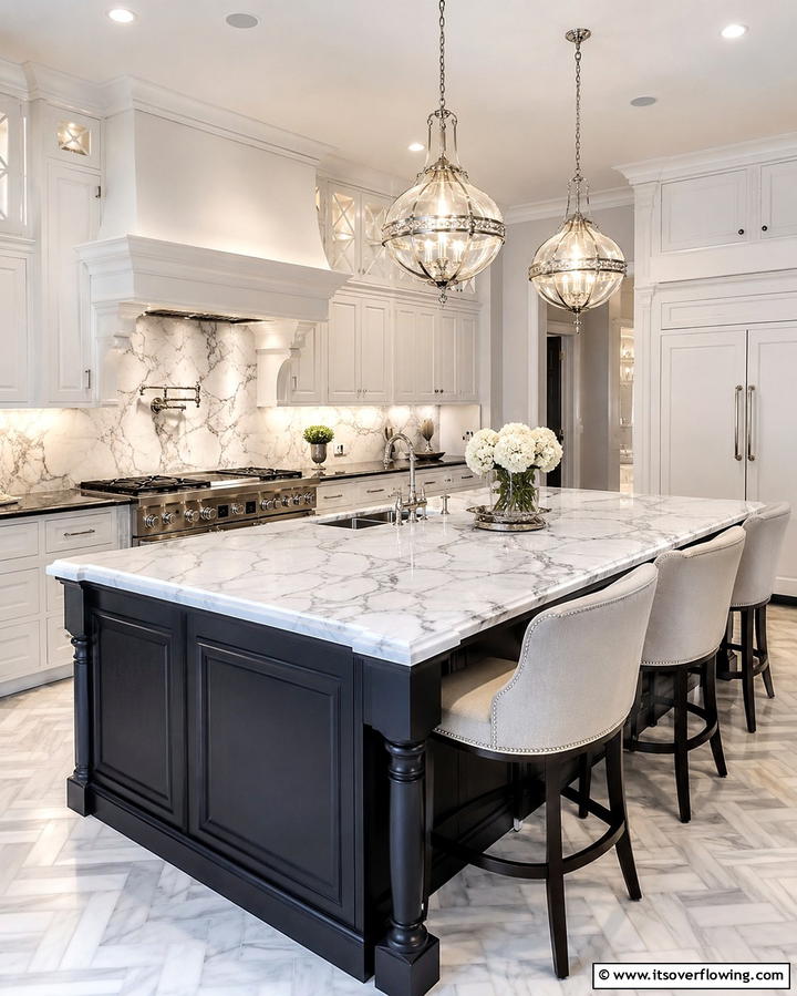 Black with Marble Countertops for Elegance - 25 Sleek Black Kitchen Island Ideas for a Modern Kitchen