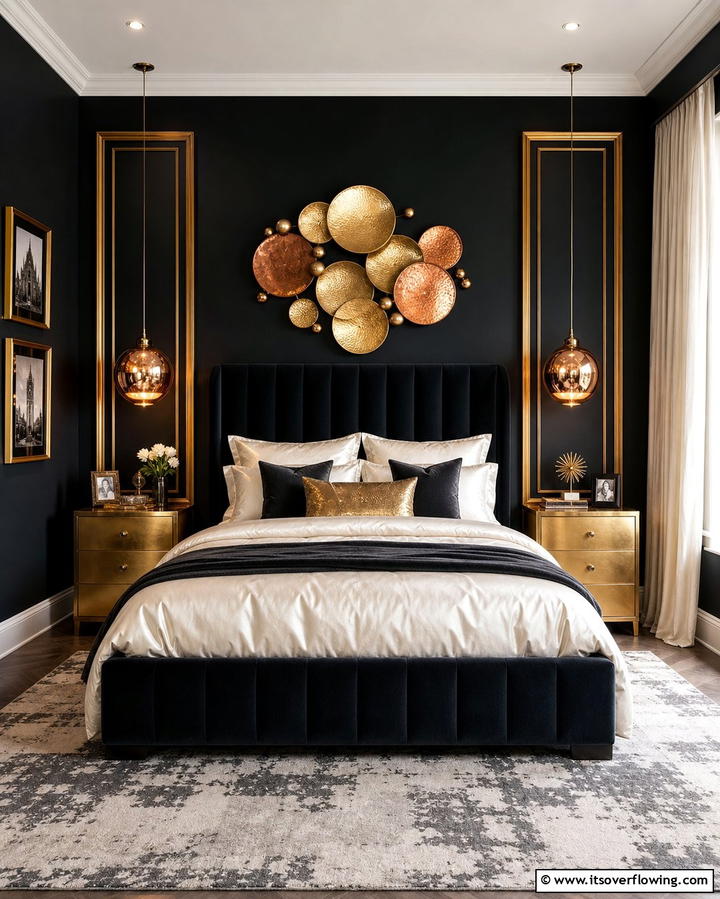 Black with Metallic Accents - 25 Black Accent Wall Bedroom Ideas for Drama