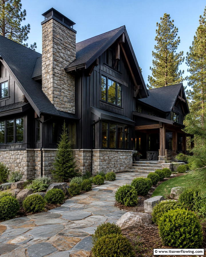 Black with Stone Accents - 25 Modern Black Houses for a Bold Statement