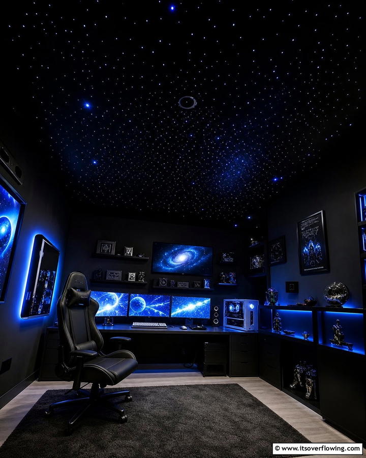 Blackout Ceiling with Starry Lights - 25 Sleek Black Gaming Room Ideas for Gamers