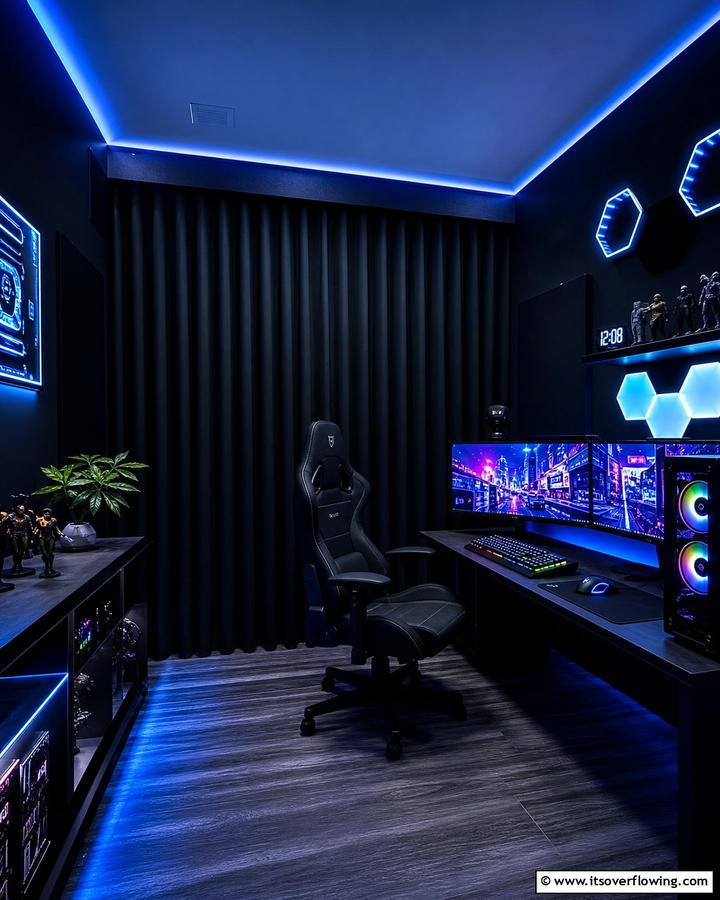 Blackout Curtains for Total Immersion - 25 Sleek Black Gaming Room Ideas for Gamers
