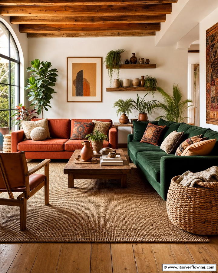 Blend Earthy and Bold Tones - 20 Mismatched Sofas in Living Room Ideas for Eclectic Style