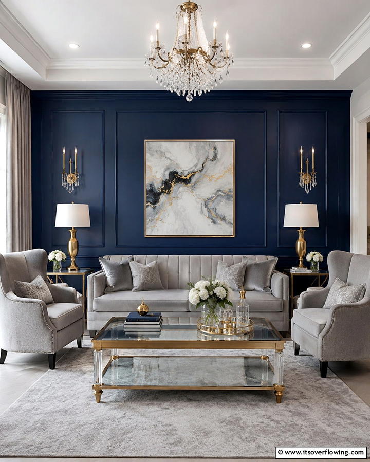 Blue Accent Wall with Grey FurnitureOne - 30 Soothing Blue & Grey Living Room Designs for Relaxing Spaces
