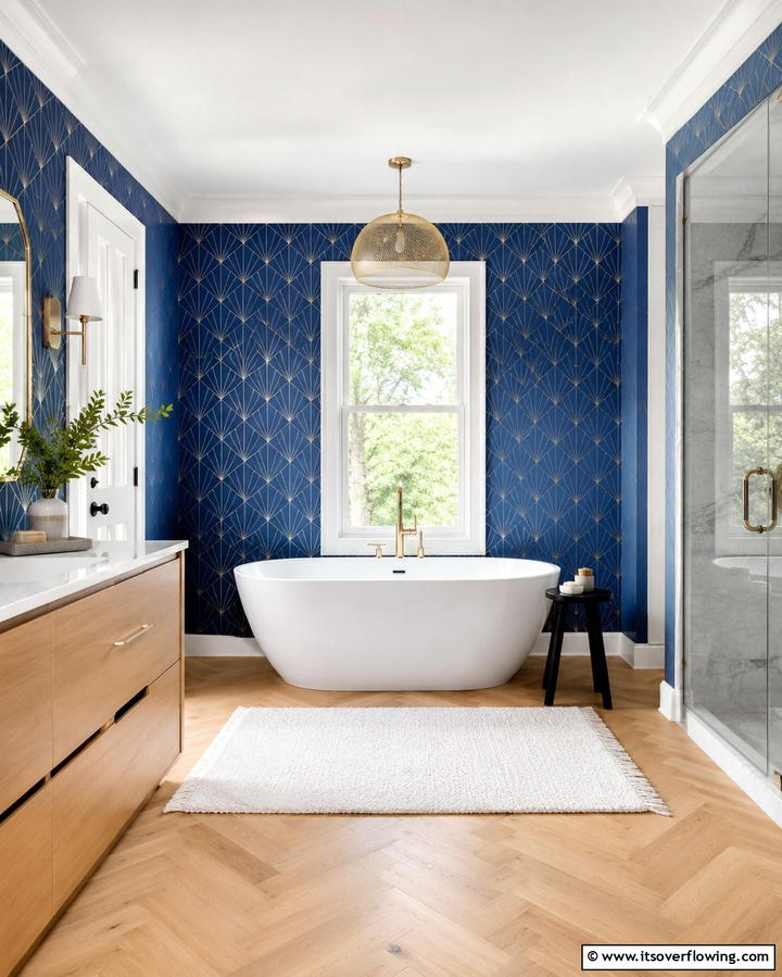 Blue Accent Walls with Subtle Patterns - 30 Striking Black and Blue Bathroom Ideas for Dramatic Flair