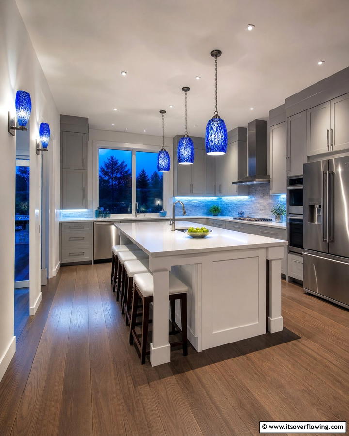 Blue Accented Lighting Fixtures - 21 Inviting Blue Kitchen Ideas for Coastal or Modern Themes