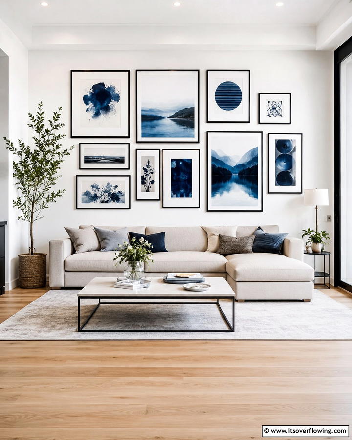 Blue Artwork with Black Frames - 25 Bold Black and Blue Living Room Ideas for a Statement