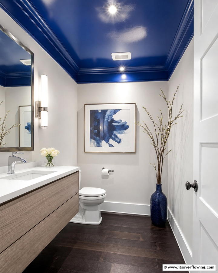 Blue Ceiling Accent - 20 Blue Powder Room Ideas- Small Space, Big Style