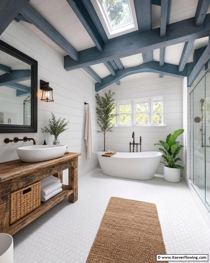 Blue Ceiling Beams - 25 Blue Bathroom Ideas for a Serene Retreat