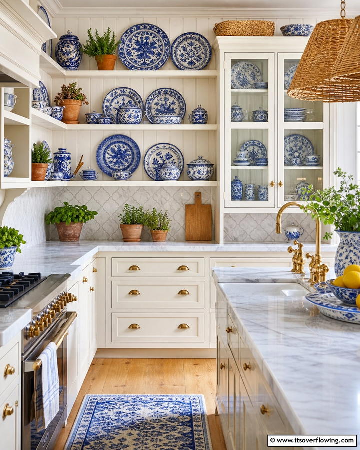 Blue Ceramic Dishware - 20 Blue French Country Kitchen Ideas- Charming & Bright